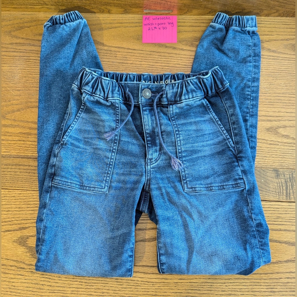 Women's American Eagle Jeans with elastic waistband/ankle and drawstring, size 2